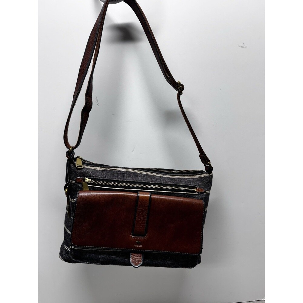 Vintage Fossil Kinley Striped Canvas and Leather Crossbody Bag